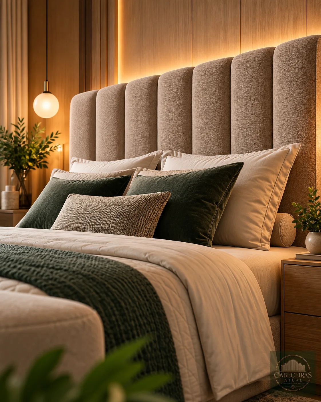 Quarto com cabeceira estofada em tom neutro