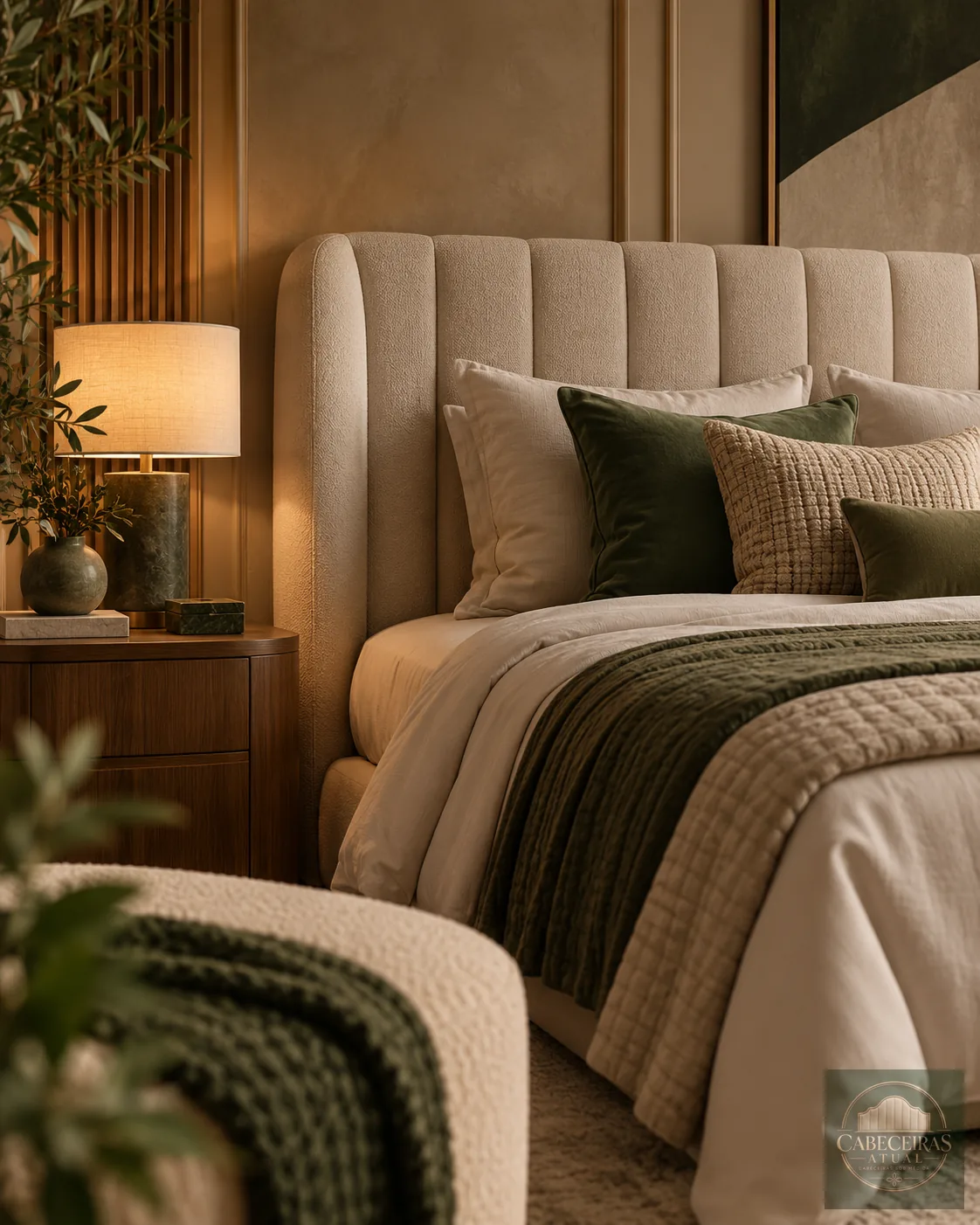 Quarto elegante com cabeceira estofada